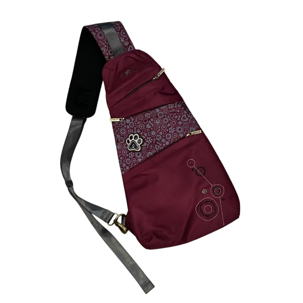 Chala Venture Sling Crossbody Bag Paw Print Burgundy Nylon Embroidery Travel